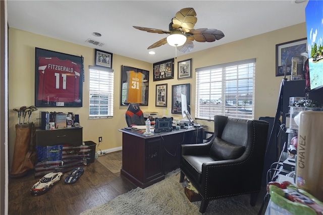 home office with baseboards, visible vents, wood finished floors, and a ceiling fan
