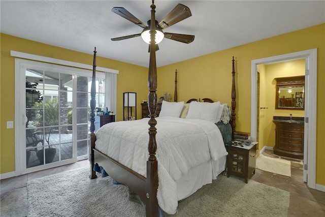 bedroom featuring connected bathroom, access to exterior, ceiling fan, and baseboards