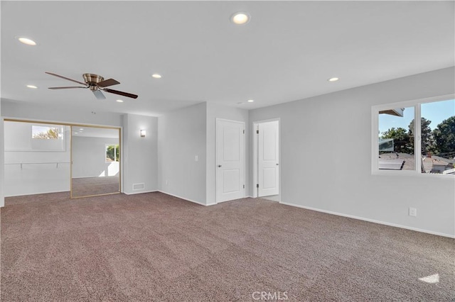 unfurnished room with recessed lighting, carpet flooring, and ceiling fan