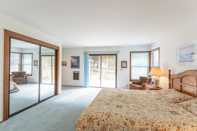 bedroom featuring light colored carpet, access to exterior, and multiple windows