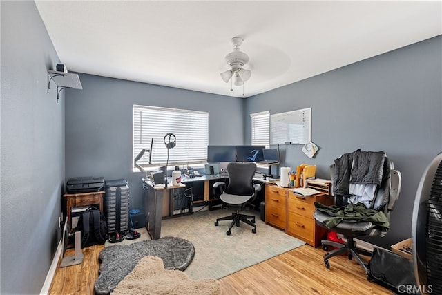 office featuring wood finished floors and ceiling fan