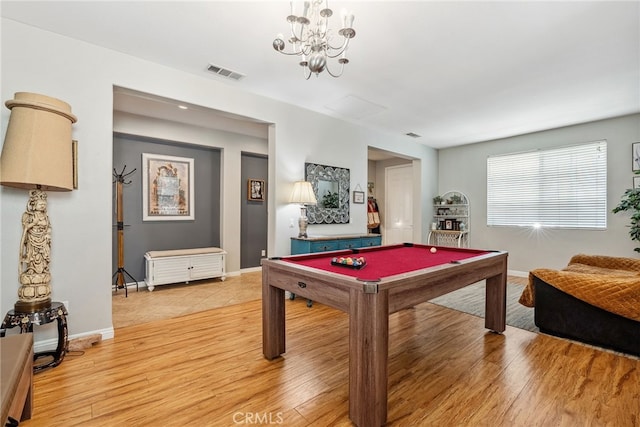game room with visible vents, baseboards, light wood-type flooring, and pool table