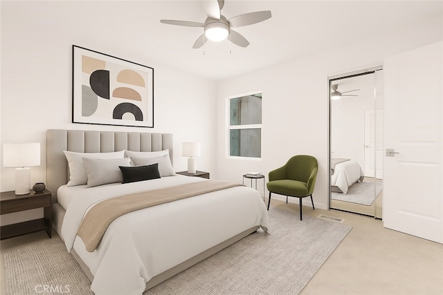 bedroom with a closet, ceiling fan, visible vents, and light carpet