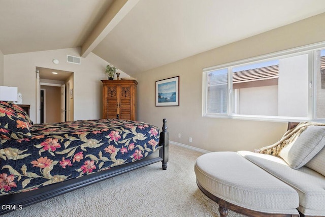 2231 Peninsula Rd, Oxnard, CA 93035 - carpeted bedroom featuring lofted ceiling with beams, baseboards, and visible vents