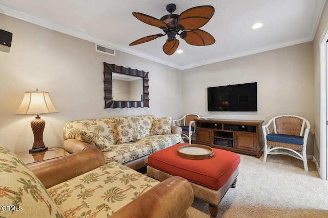 2231 Peninsula Rd, Oxnard, CA 93035 - living area featuring ceiling fan, carpet flooring, recessed lighting, and ornamental molding