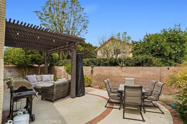 view of patio featuring outdoor lounge area, a fenced backyard, a pergola, and outdoor dining space
