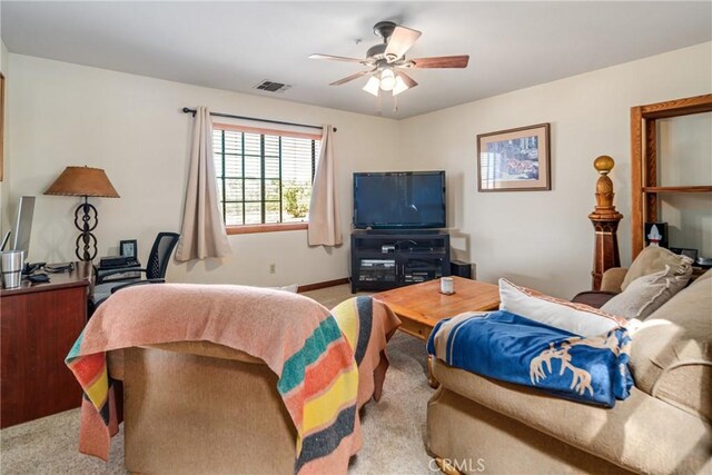 5420 Clayvale St, Acton, CA 93510 - living area with light carpet, a ceiling fan, a desk, and baseboards