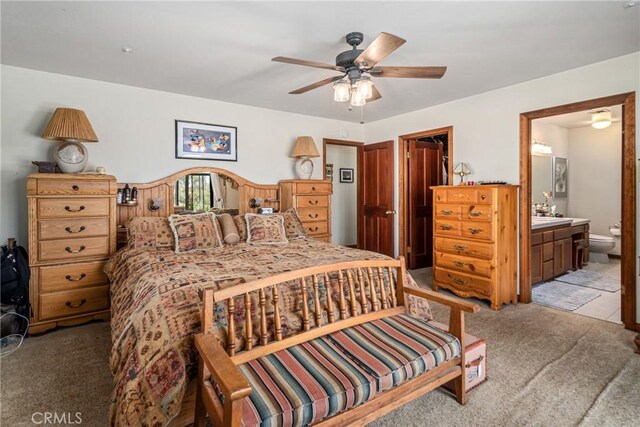 5420 Clayvale St, Acton, CA 93510 - bedroom with light carpet, connected bathroom, and ceiling fan