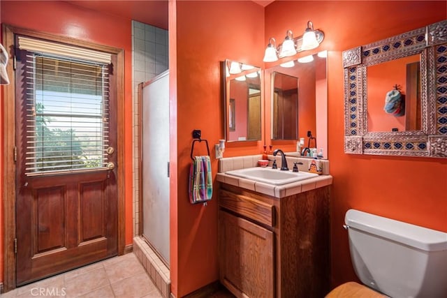 5420 Clayvale St, Acton, CA 93510 - bathroom with toilet, a stall shower, tile patterned flooring, and vanity