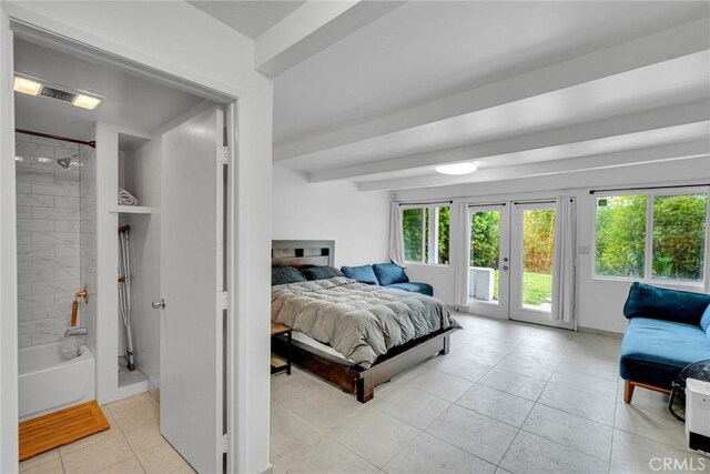 bedroom with french doors, beam ceiling, baseboards, access to outside, and light tile patterned floors