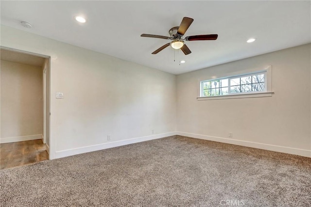 empty room featuring baseboards, recessed lighting, ceiling fan, and carpet flooring