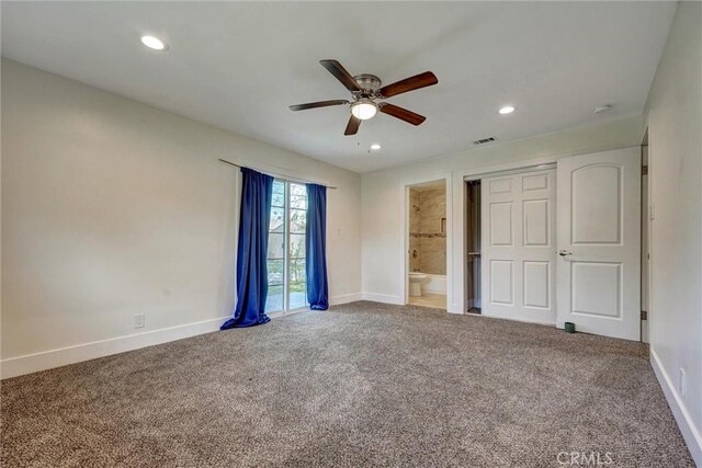 unfurnished bedroom featuring recessed lighting, carpet, baseboards, and visible vents