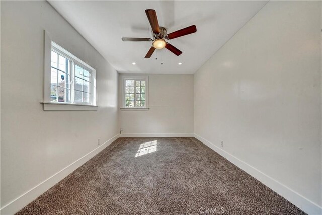 unfurnished room with carpet flooring, recessed lighting, baseboards, and ceiling fan