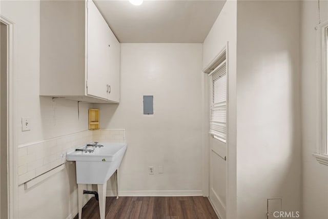 bathroom with wood finished floors, a sink, and a healthy amount of sunlight