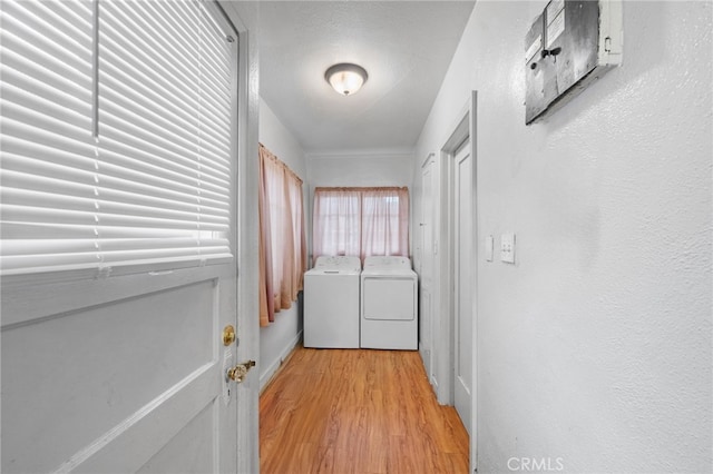 washroom with separate washer and dryer, light wood-style floors, laundry area, and a textured wall