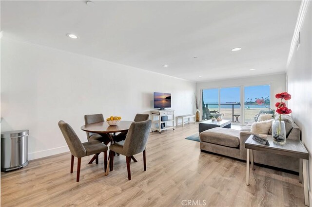 1 3rd Pl Unit 302, Long Beach, CA 90802 - dining space with crown molding, light wood-type flooring, baseboards, and recessed lighting