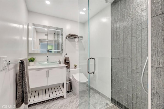 1 3rd Pl Unit 302, Long Beach, CA 90802 - bathroom featuring toilet, vanity, a stall shower, and recessed lighting