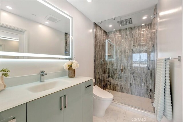 1 3rd Pl Unit 302, Long Beach, CA 90802 - full bath featuring marble look tile flooring, a stall shower, vanity, recessed lighting, and toilet