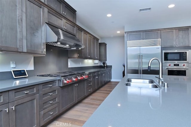 14608 Mccormick St, Sherman Oaks, CA 91411 - kitchen with under cabinet range hood, built in appliances, a sink, light wood-style floors, and recessed lighting