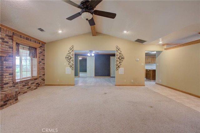 unfurnished living room with carpet flooring, ceiling fan, and visible vents