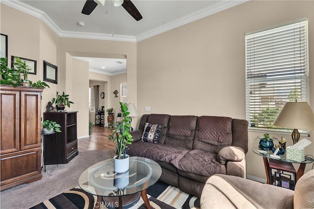 455 Everest Peak, Beaumont, CA 92223 - living area featuring ornamental molding, ceiling fan, and baseboards