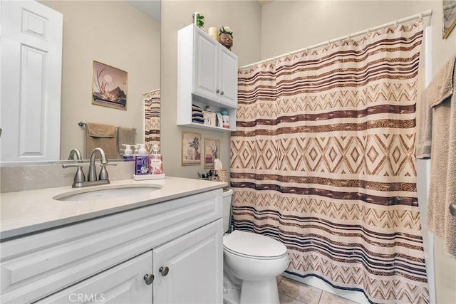 455 Everest Peak, Beaumont, CA 92223 - bathroom featuring toilet, tile patterned floors, vanity, and a shower with shower curtain