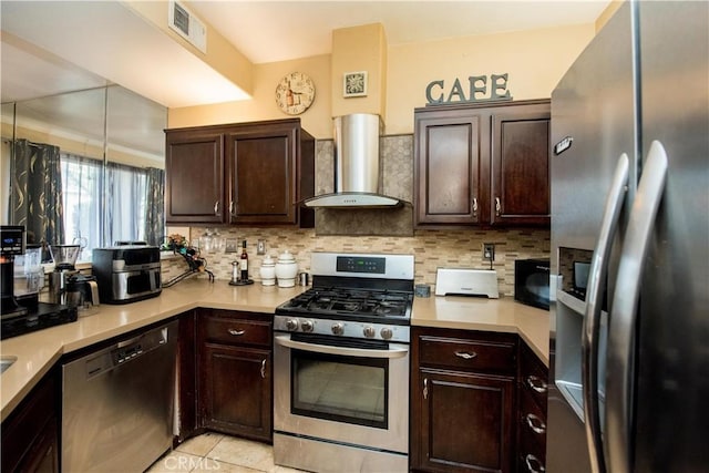 1041 S Positano Ave, Anaheim, CA 92808 - kitchen featuring decorative backsplash, wall chimney range hood, dark brown cabinets, and appliances with stainless steel finishes