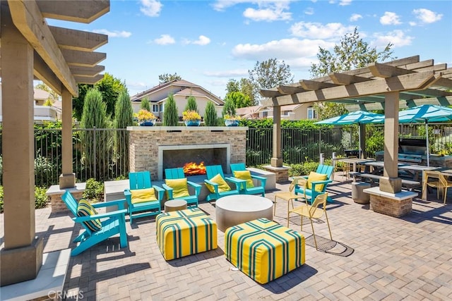 133 Lantana Dr, Stanton, CA 90680 - view of patio / terrace with an outdoor brick fireplace, a pergola, and outdoor dining area