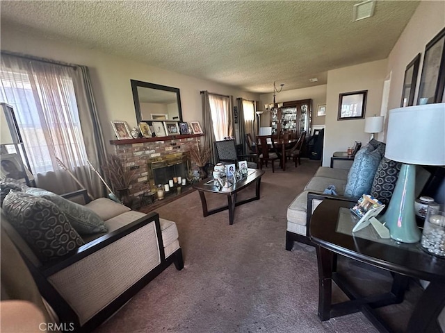 4908 W 109th St, Inglewood, CA 90304 - carpeted living room with healthy amount of natural light, a brick fireplace, a textured ceiling, and a chandelier