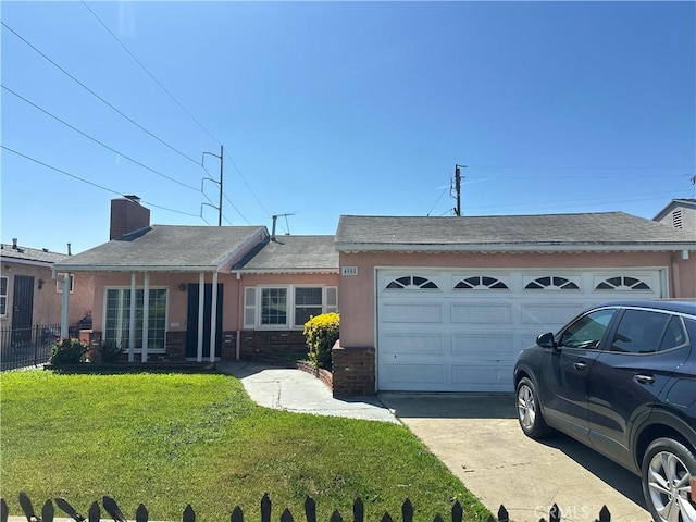4908 W 109th St, Inglewood, CA 90304 - single story home with concrete driveway, a garage, a front lawn, stucco siding, and a chimney