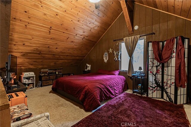 9408 Mill Dr, Forest Falls, CA 92339 - bedroom with wooden ceiling, lofted ceiling, wood walls, and carpet floors