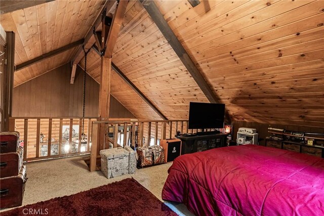 9408 Mill Dr, Forest Falls, CA 92339 - carpeted bedroom featuring wood ceiling and lofted ceiling with beams