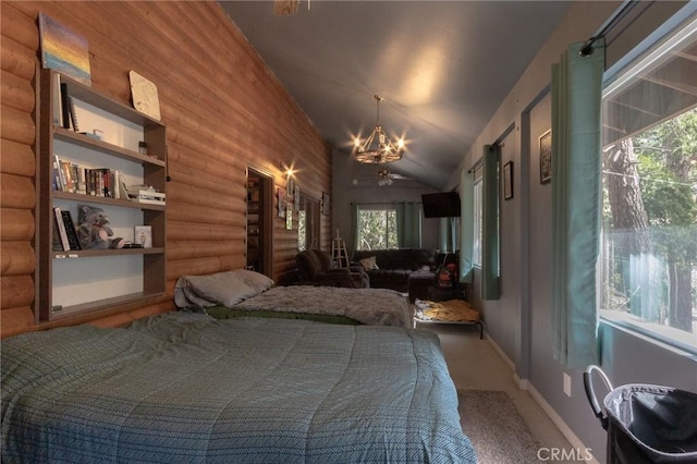 bedroom featuring baseboards, an inviting chandelier, lofted ceiling, log walls, and carpet floors
