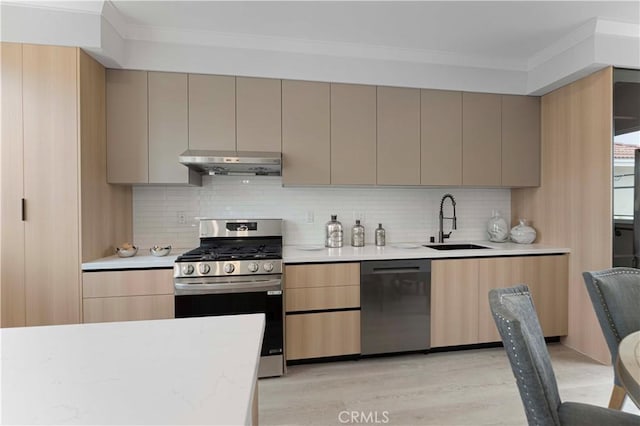 709 S 2nd Ave Unit 2, Arcadia, CA 91006 - kitchen with appliances with stainless steel finishes, gray cabinetry, under cabinet range hood, a sink, and ornamental molding