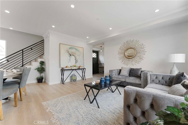 709 S 2nd Ave Unit 2, Arcadia, CA 91006 - living room with wood finished floors, recessed lighting, stairs, baseboards, and ornamental molding