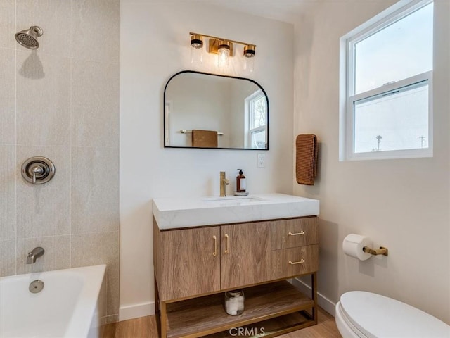 1912 8th St, Los Osos, CA 93402 - full bath featuring vanity, baseboards, shower / bath combination, and toilet