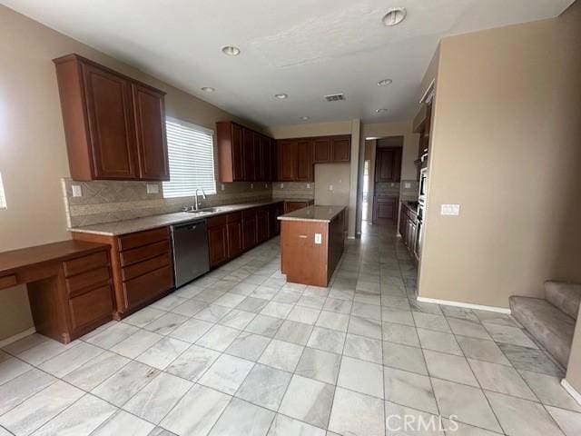 2420 Lenai Cir, Corona, CA 92879 - kitchen featuring stainless steel dishwasher, decorative backsplash, a center island, and light countertops