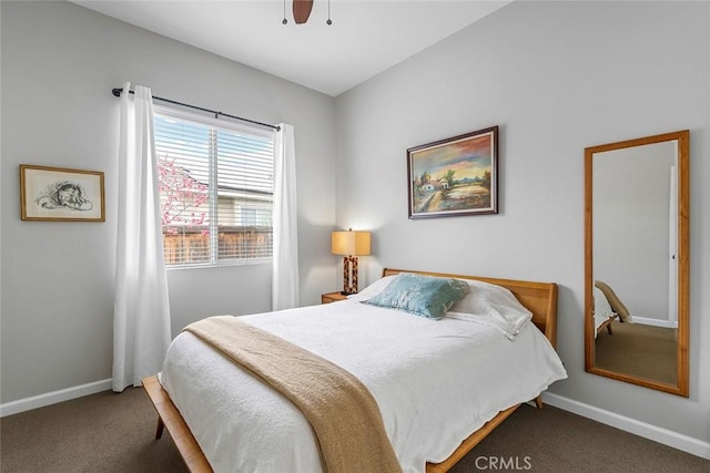 bedroom featuring carpet flooring, baseboards, and ceiling fan