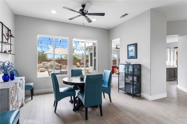 dining room with visible vents, recessed lighting, a ceiling fan, and wood finished floors