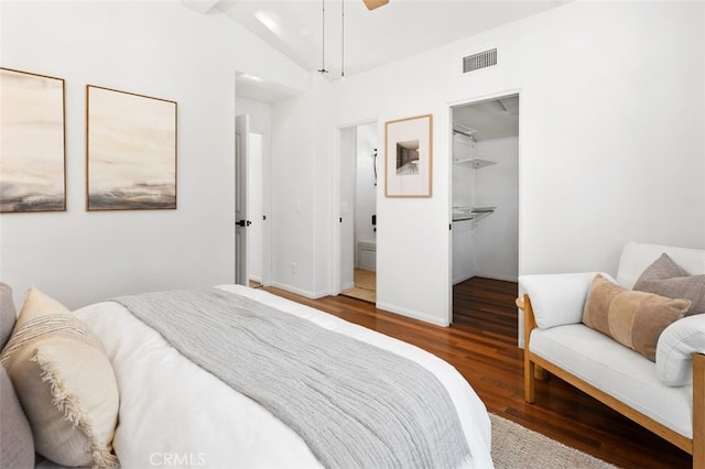 1517 Felspar St, San Diego, CA 92109 - bedroom featuring wood finished floors, a spacious closet, vaulted ceiling, baseboards, and a closet