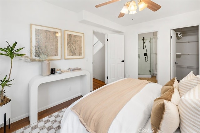 1517 Felspar St, San Diego, CA 92109 - bedroom with wood finished floors, ensuite bathroom, baseboards, a walk in closet, and a ceiling fan