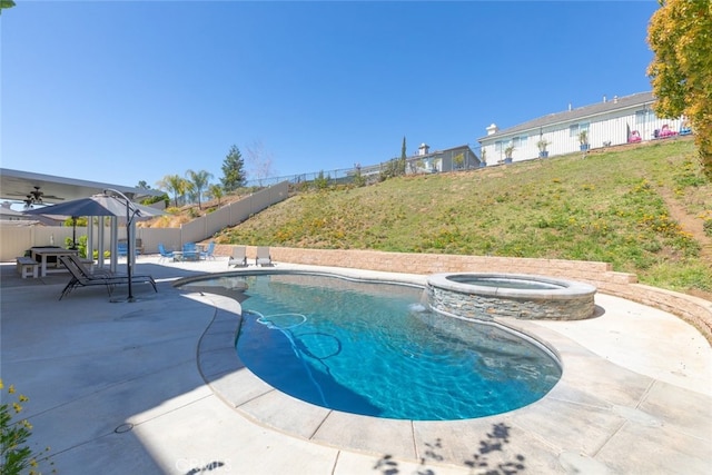 33734 Wild Horse Way, Yucaipa, CA 92399 - view of swimming pool featuring a patio, a pool with connected hot tub, and a ceiling fan