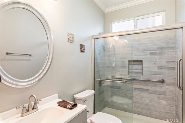 33734 Wild Horse Way, Yucaipa, CA 92399 - full bath featuring crown molding, toilet, a stall shower, and vanity