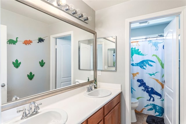 33734 Wild Horse Way, Yucaipa, CA 92399 - bathroom with toilet, double vanity, tile patterned flooring, and a shower with curtain