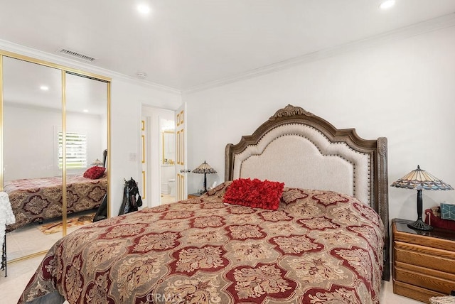 915 S Danehurst Ave, Glendora, CA 91740 - bedroom featuring crown molding, a closet, recessed lighting, and ensuite bathroom