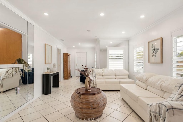 915 S Danehurst Ave, Glendora, CA 91740 - living room with ornamental molding, recessed lighting, and light tile patterned floors