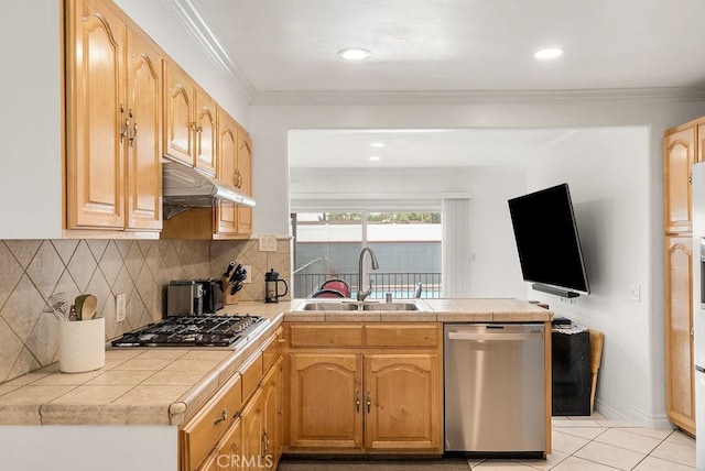 915 S Danehurst Ave, Glendora, CA 91740 - kitchen featuring appliances with stainless steel finishes, a sink, under cabinet range hood, a peninsula, and tasteful backsplash