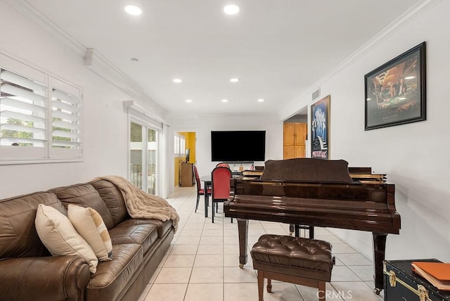 915 S Danehurst Ave, Glendora, CA 91740 - living room with crown molding, recessed lighting, and light tile patterned floors