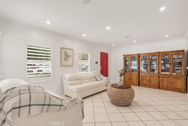 915 S Danehurst Ave, Glendora, CA 91740 - living area featuring ornamental molding, recessed lighting, and light tile patterned flooring