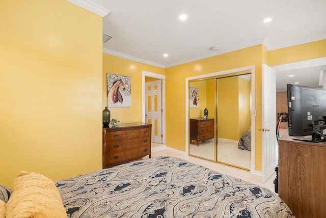 915 S Danehurst Ave, Glendora, CA 91740 - bedroom featuring a closet, crown molding, recessed lighting, light tile patterned floors, and baseboards